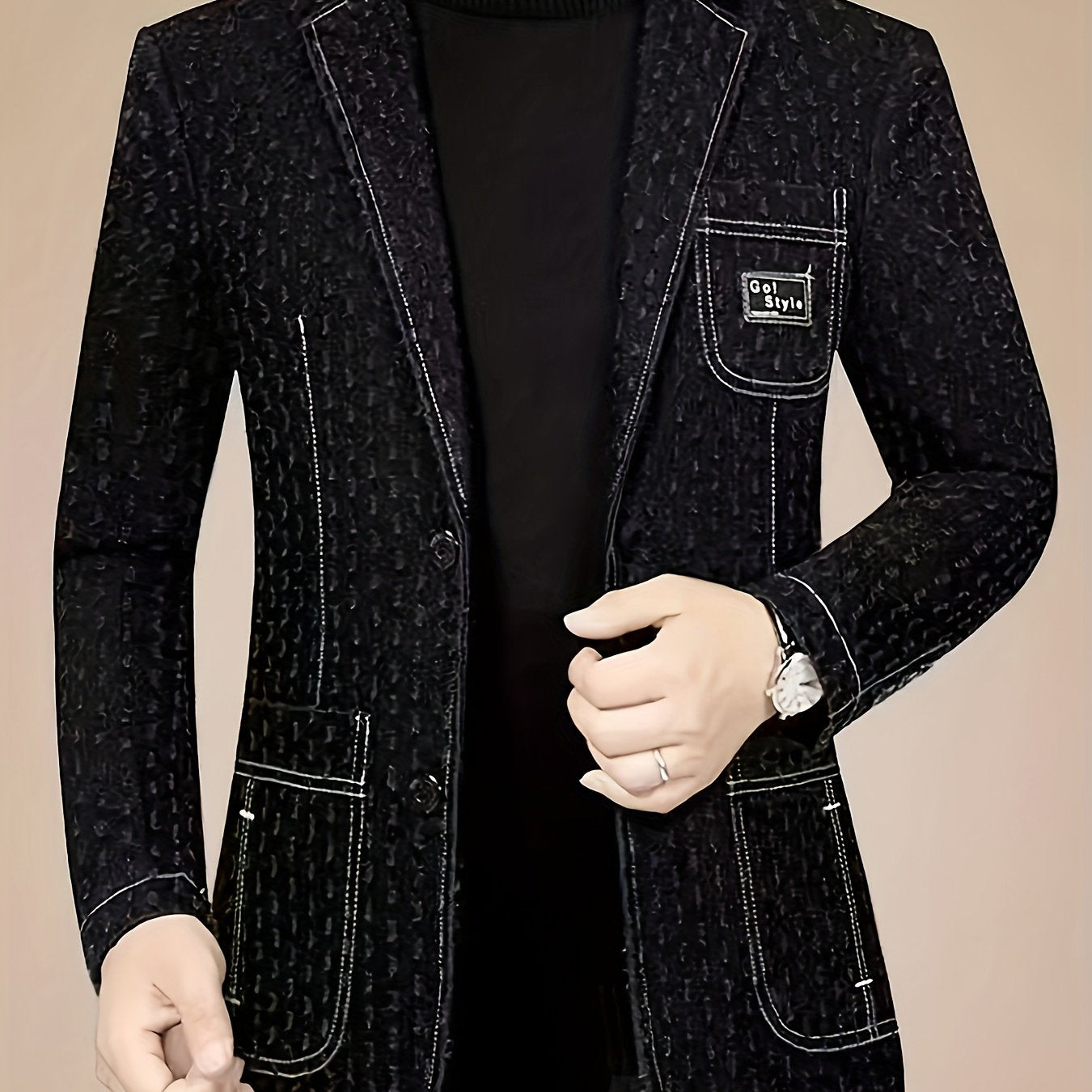SHOWLU Men's denim blazer with a loose fit and polka dot pattern, casual jacket styled with classic denim fabric.