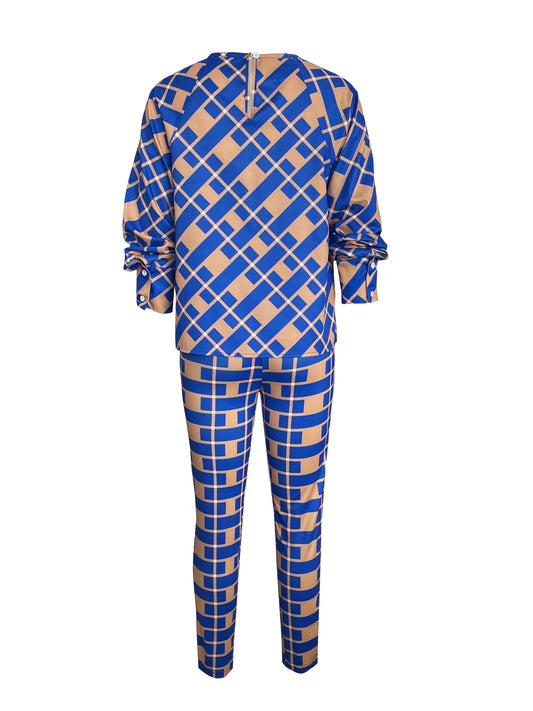 European And American Fashion Plaid Printed Long-Sleeved Shirts Paired with Casual Pants, Two-Piece Set