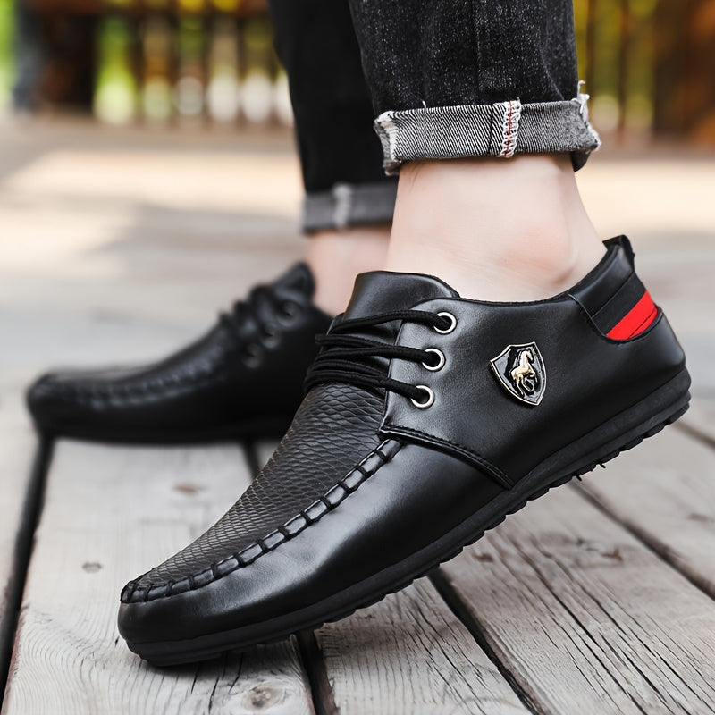 Men's black lace-up formal shoes by Showlu Fashion with durable PU leather, polished finish, and classic business style.