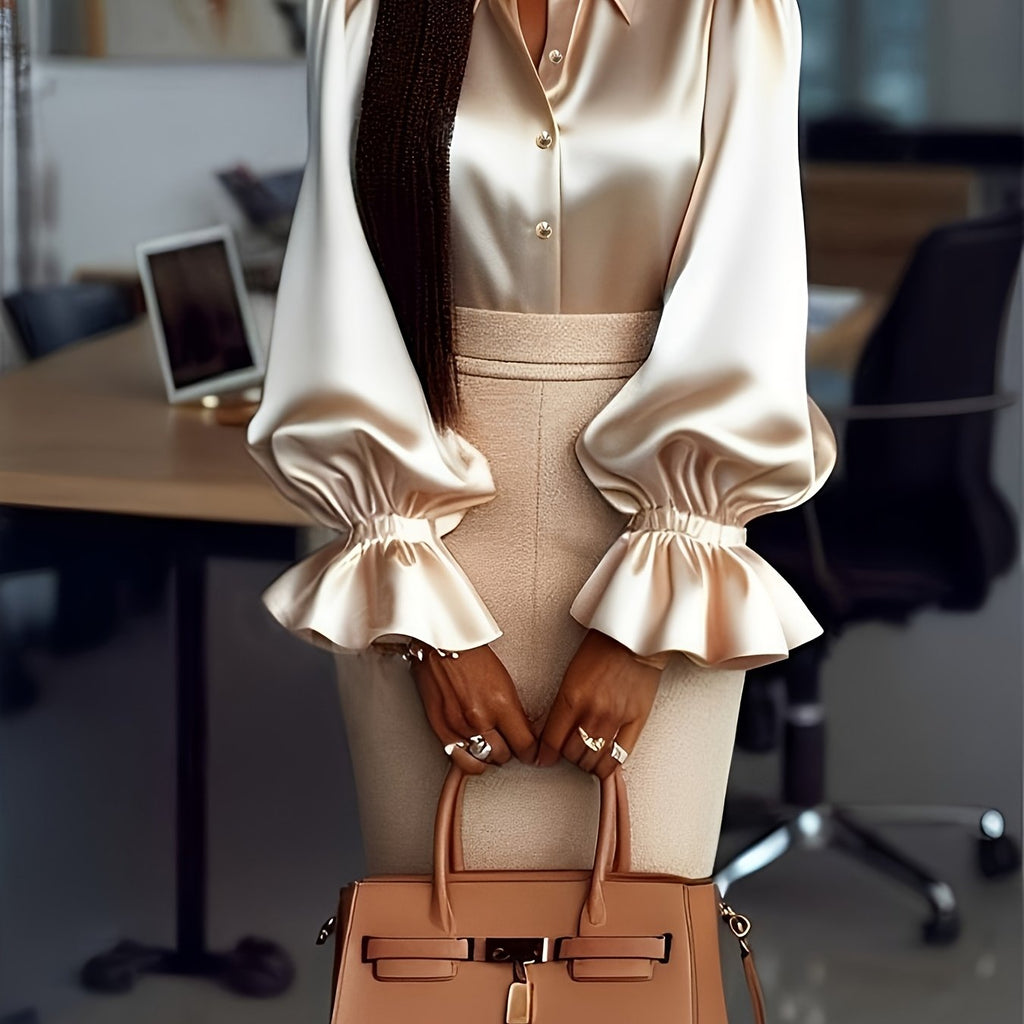 SHOWLU Women's ruffled collar casual polyester shirt with solid color, featuring a stylish and comfortable design.