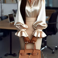 SHOWLU Women's ruffled collar casual polyester shirt with solid color, featuring a stylish and comfortable design.