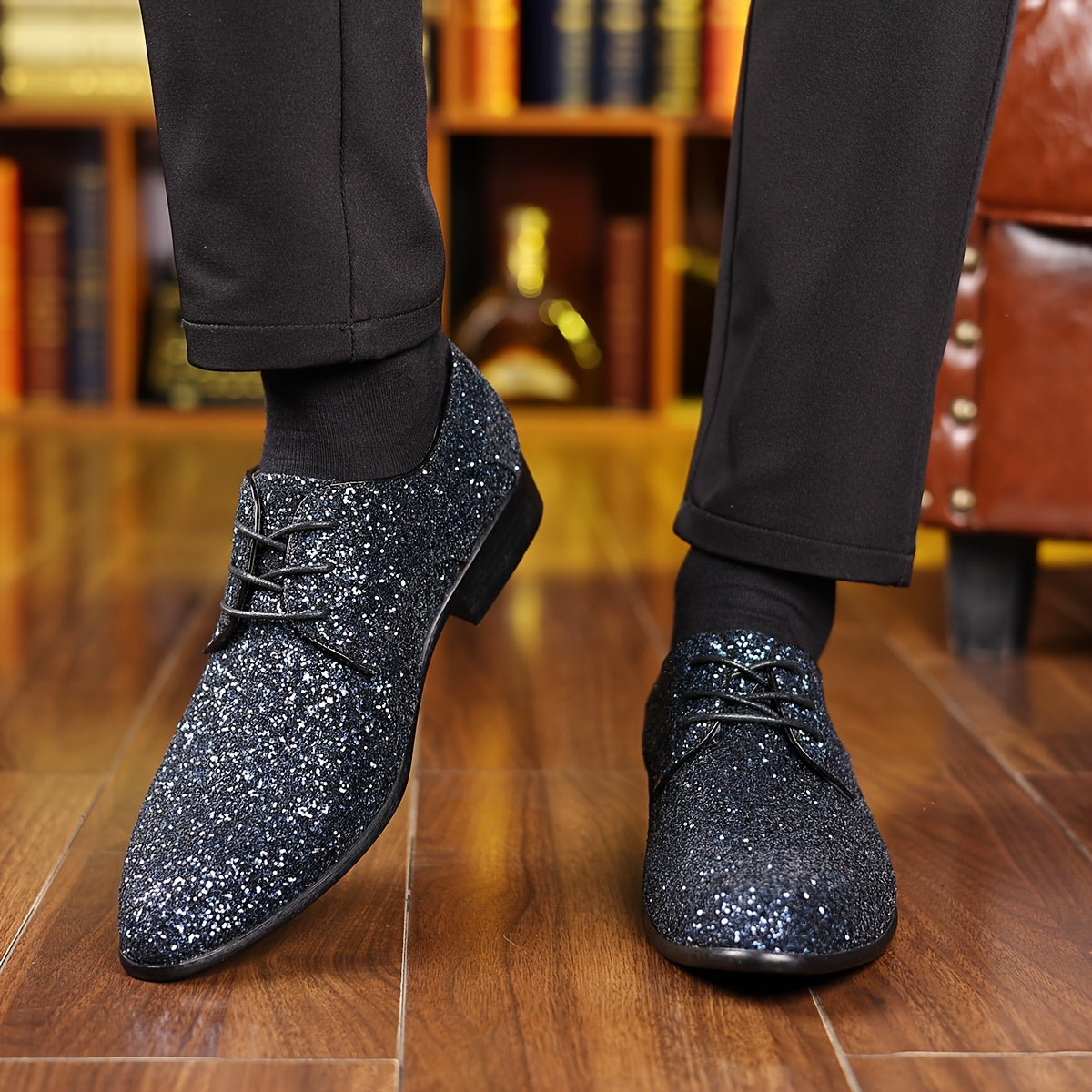 SHOWLU FASHION glitter pointed toe casual shoes in shiny solid color, stylish and comfortable footwear for everyday wear.