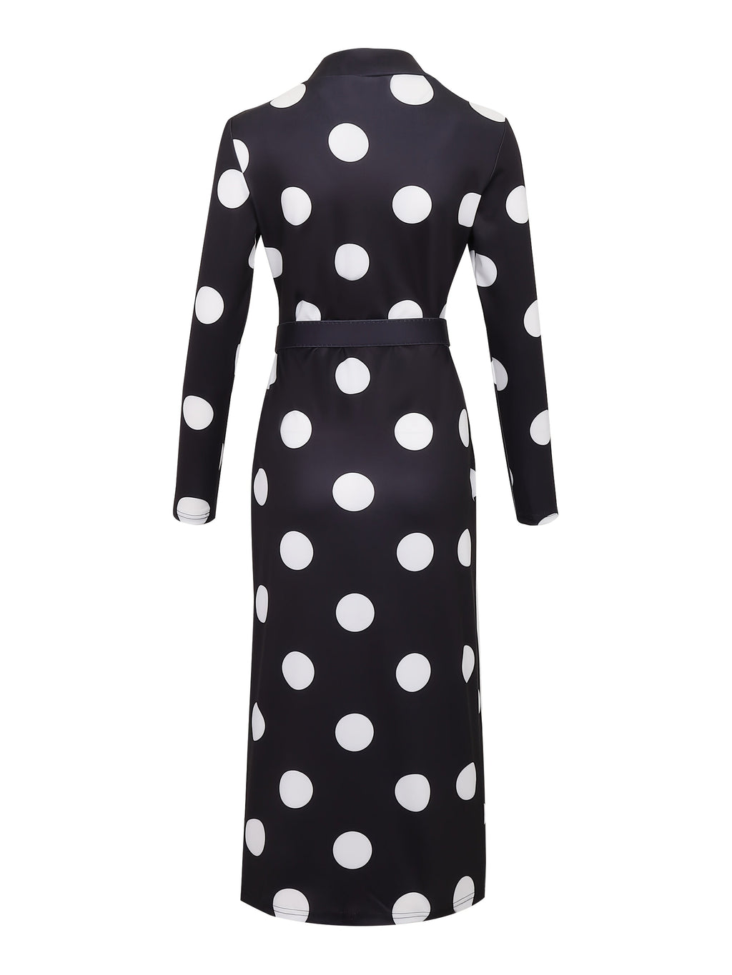 Black polka dot V-neck bodycon dress with long sleeves and belt from SHOWLU FASHION STORE, shown on a model.
