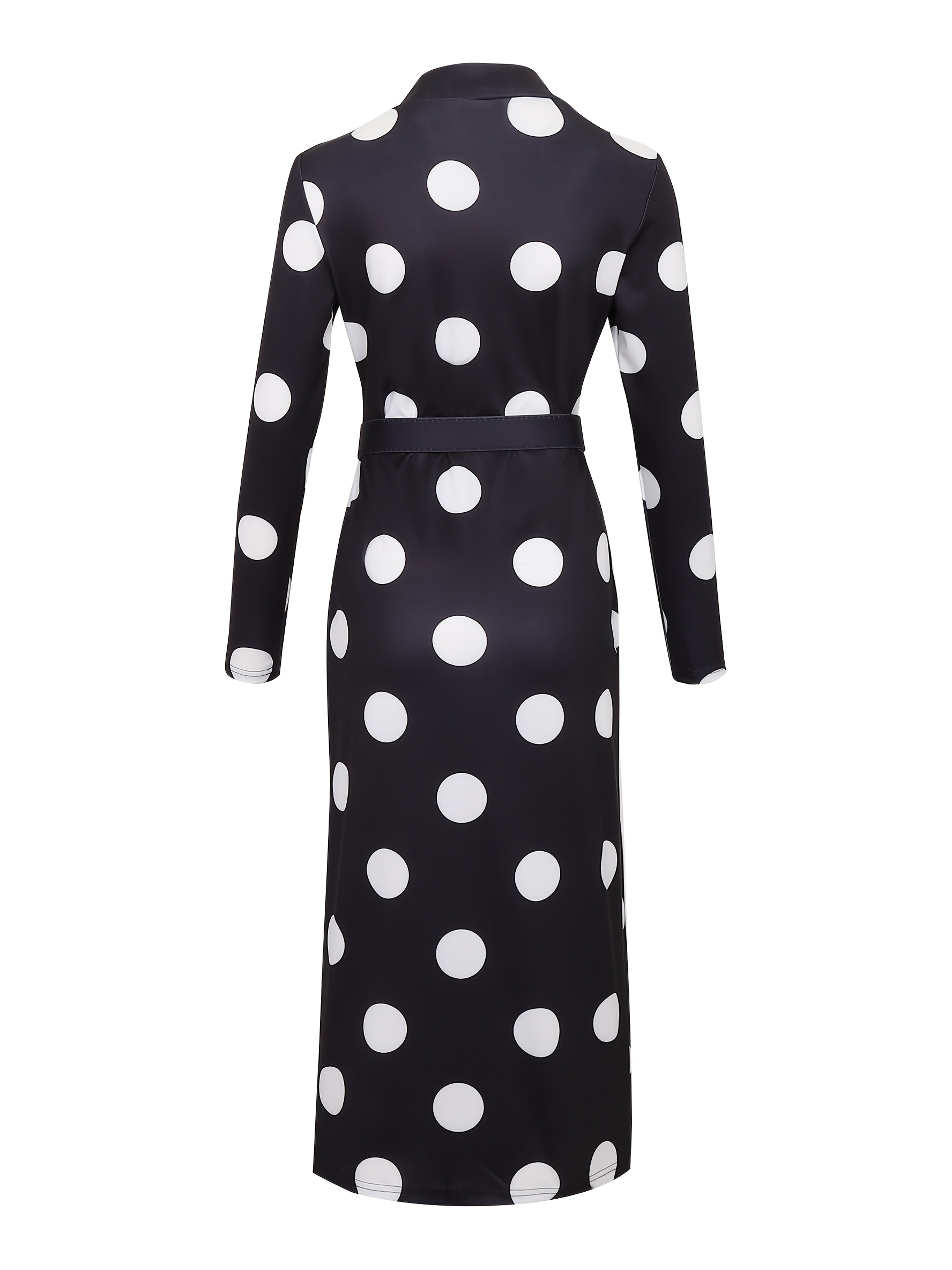Black polka dot V-neck bodycon dress with long sleeves and belt from SHOWLU FASHION STORE, shown on a model.