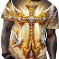 Men's golden cross with wing design T-shirt by Showlu, featuring Christian faith symbols on a polyester top.