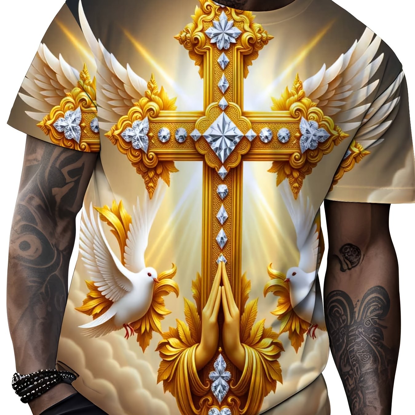 Men's golden cross with wing design T-shirt by Showlu, featuring Christian faith symbols on a polyester top.
