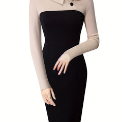 Women'S Elegant Black and Beige Color Block Pencil Dress - Slim Fit, Long Sleeve, Round Neck with Button Detail, Perfect for Spring/Summer, Adult Fashion, Elegant Attire|Sleek Fitted Design|Polyester Fabric