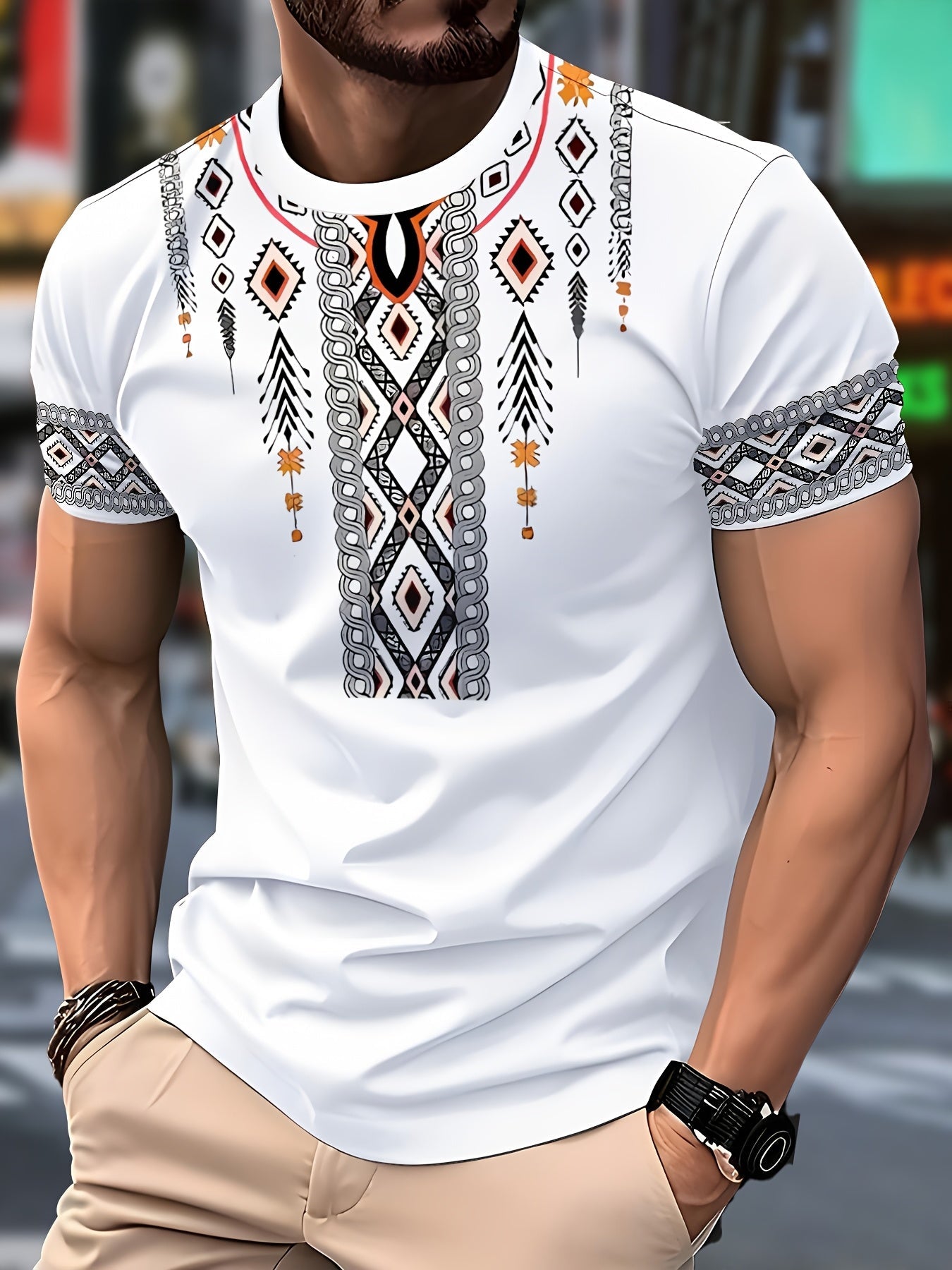 SHOWLU FASHION men's tribal geometric print polyester crew neck T-shirt with bold tribal design and vibrant colors.