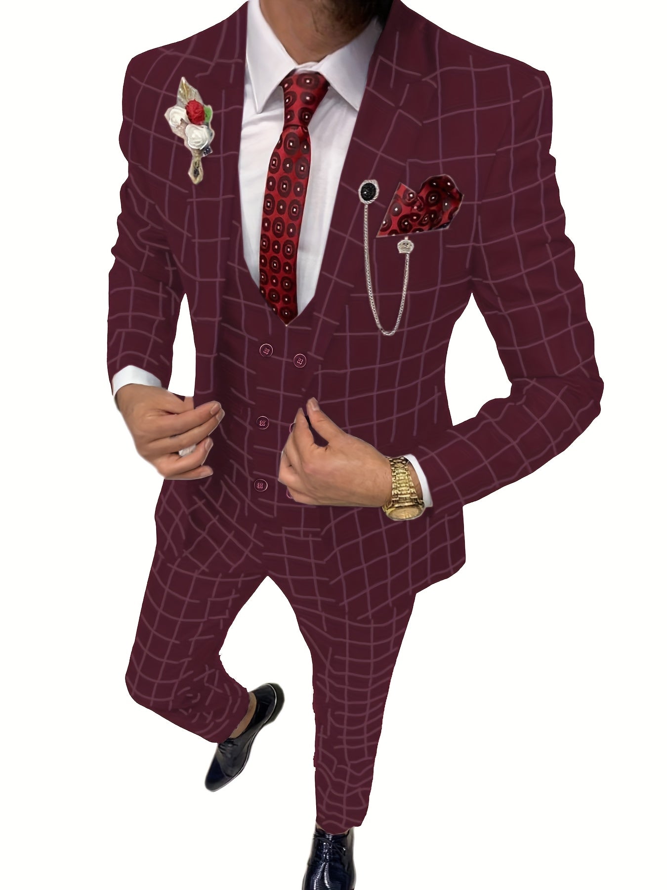 SHOWLU FASHION men's 3-piece slim fit plaid suit with peak lapel tuxedo, featuring a jacket, vest, and matching trousers.