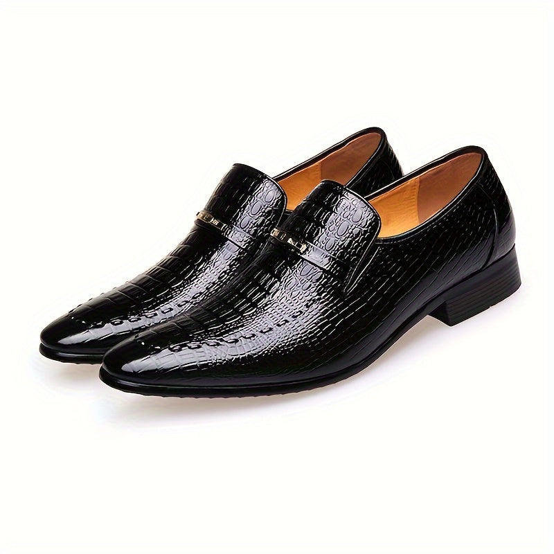 SHOWLU men's black crocodile-embossed leather oxford loafers, slip-on shoes with sleek design and textured finish.