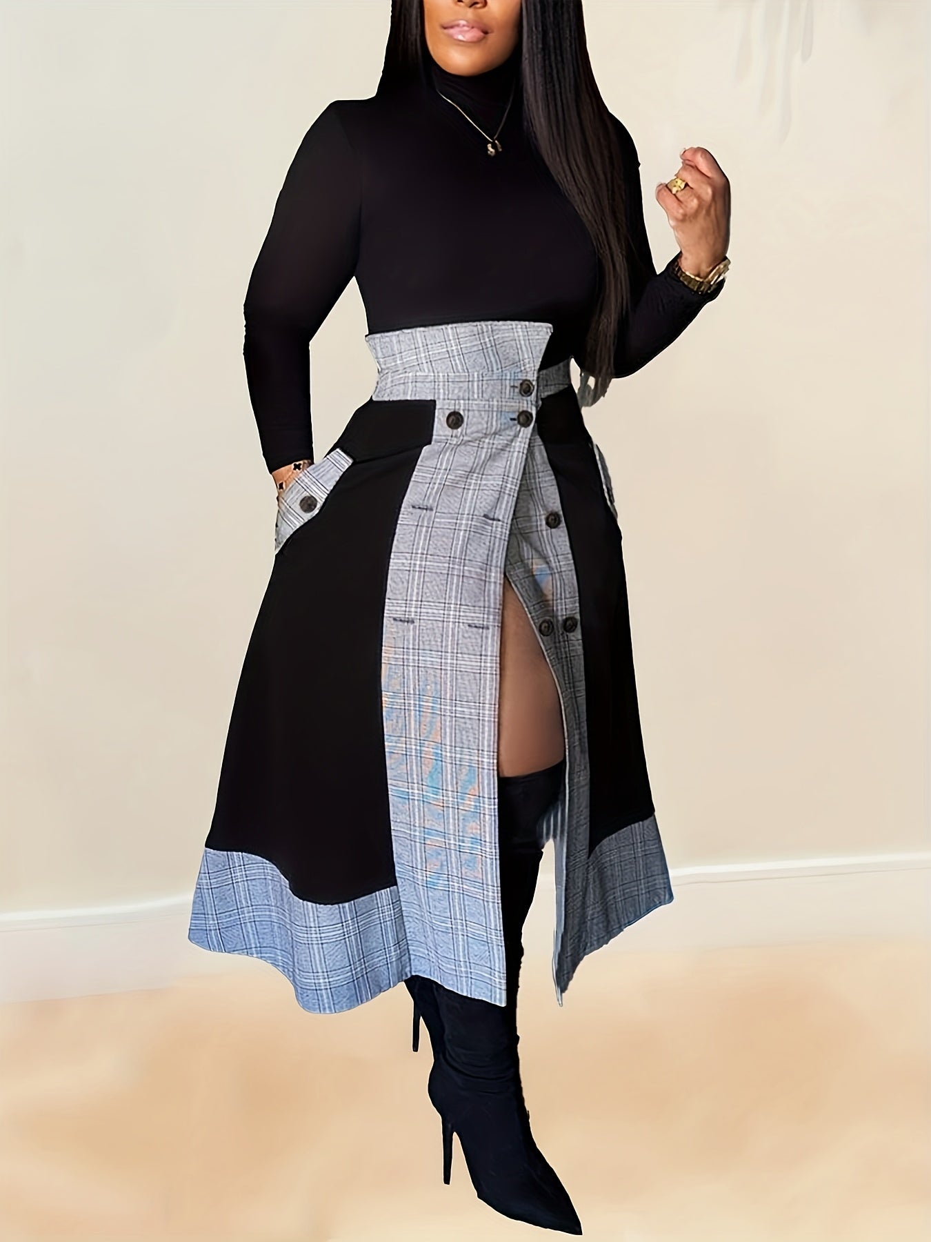 SHOWLU FASHION STORE plaid combo button skirt featuring an elegant knit polyester fabric, shown in a stylish checkered pattern.