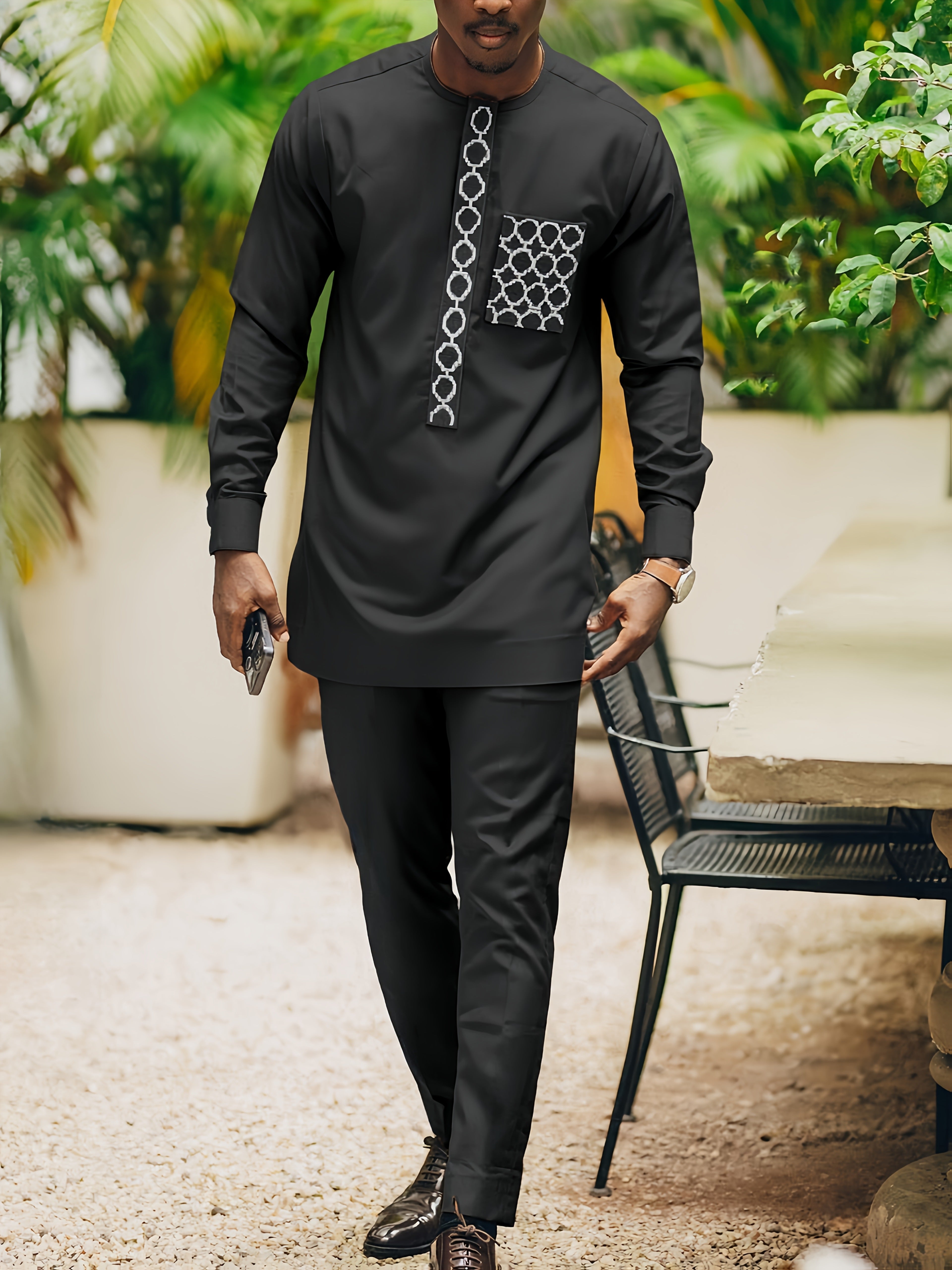 SHOWLU men's African dashiki set with embroidered long sleeve top and matching pants, traditional colorful design and intricate embroidery.