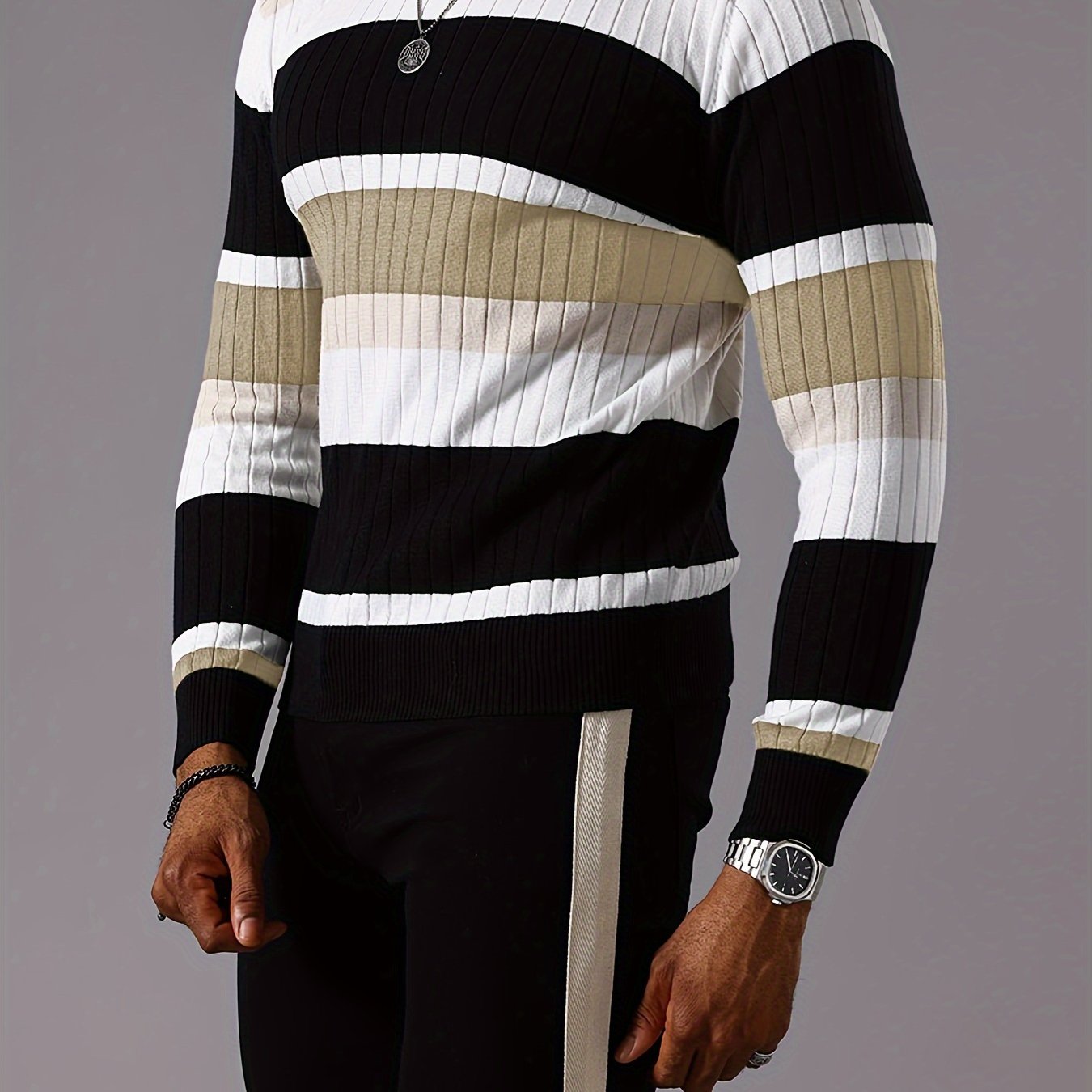 Men's SHOWLU striped ribbed knit sweater with long sleeves and crew neck, featuring a cozy, fitted design in natural setting