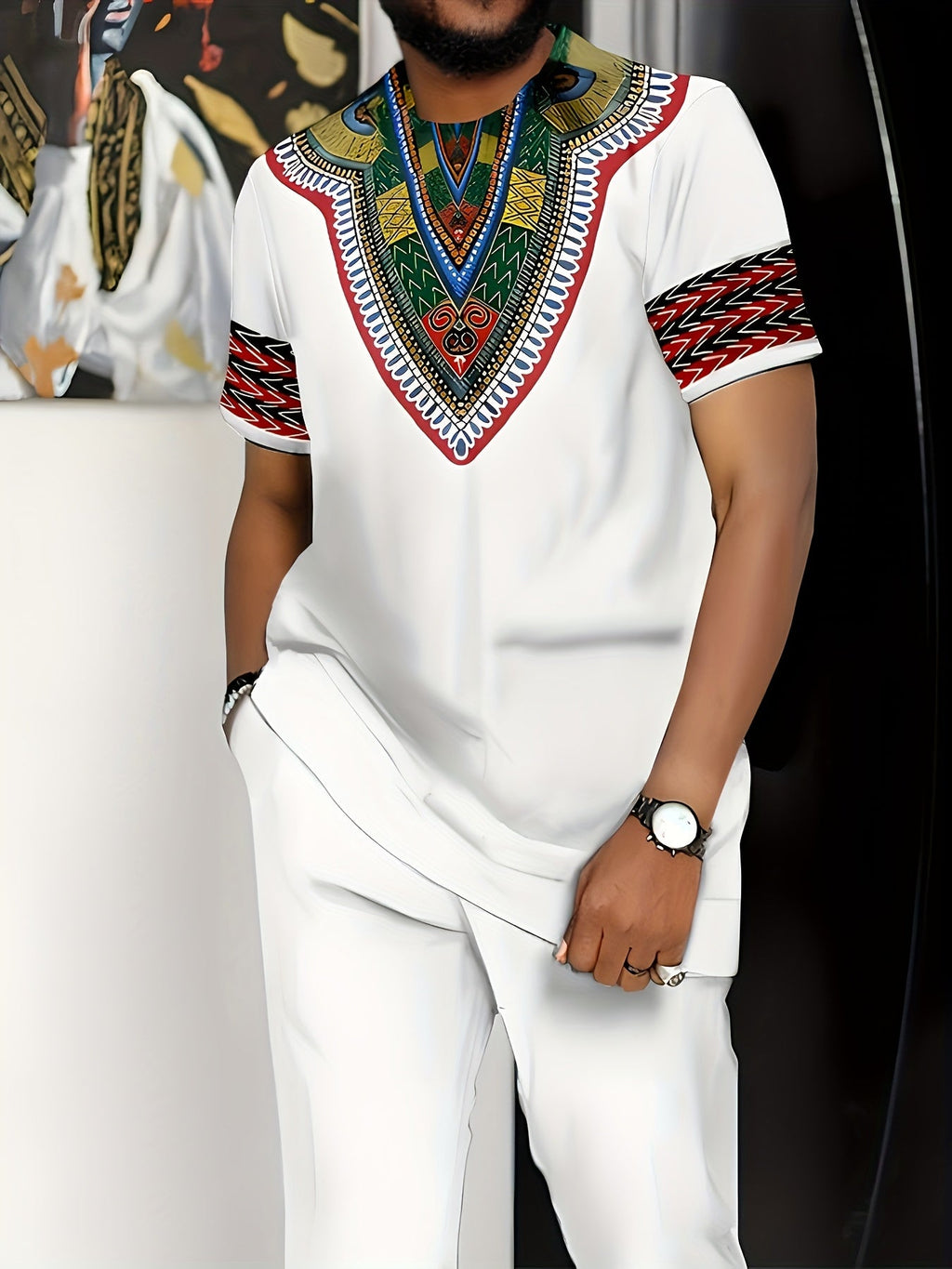 SHOWLU Men's ethnic print 2-piece set featuring a white T-shirt and long pants, casual traditional style with intricate patterns.