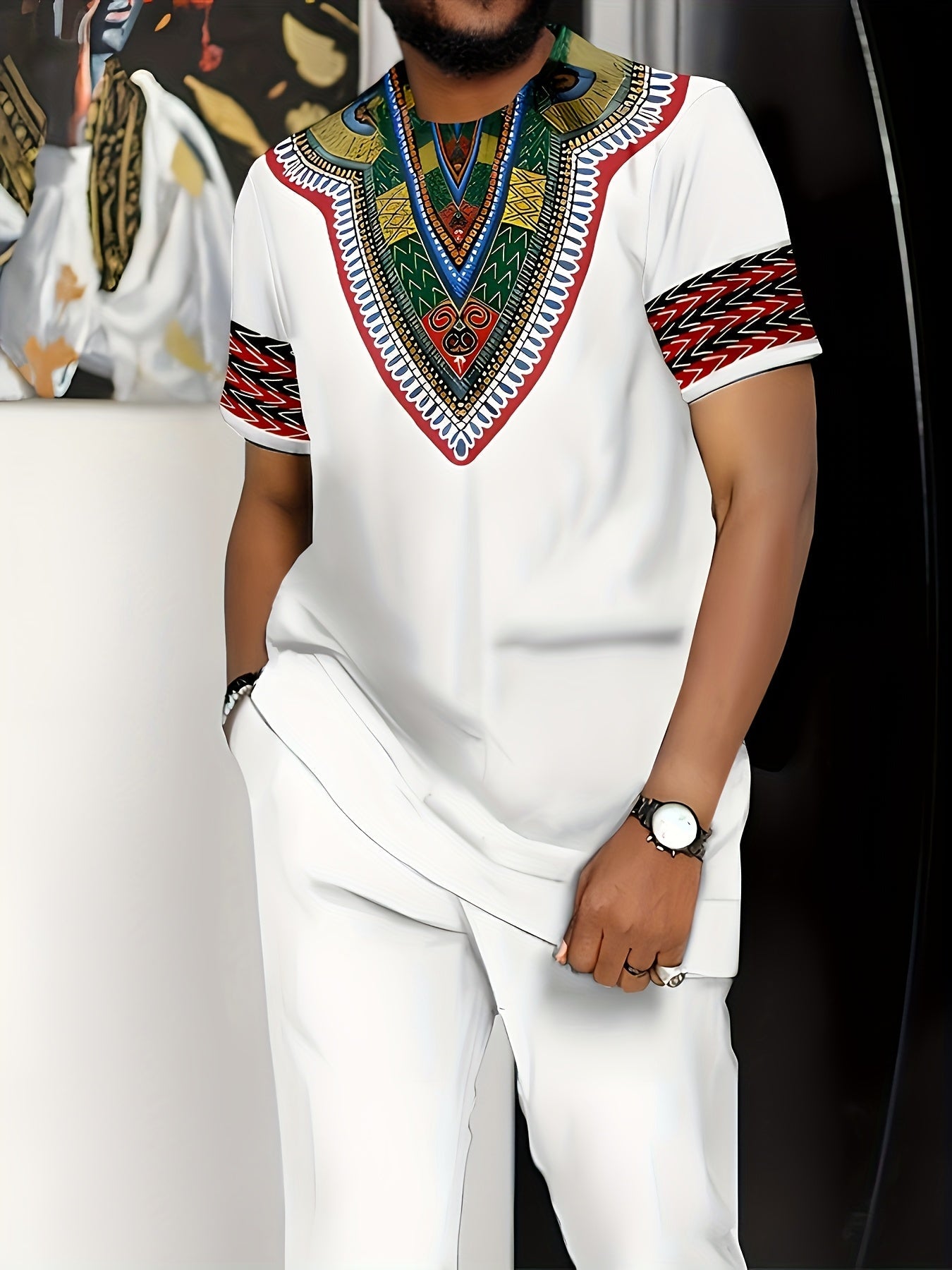 SHOWLU Men's ethnic print 2-piece set featuring a white T-shirt and long pants, casual traditional style with intricate patterns.