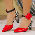 SHOWLU FASHION Women's pointed-toe block heel pumps with red flower detail, stylish footwear for elegant occasions.