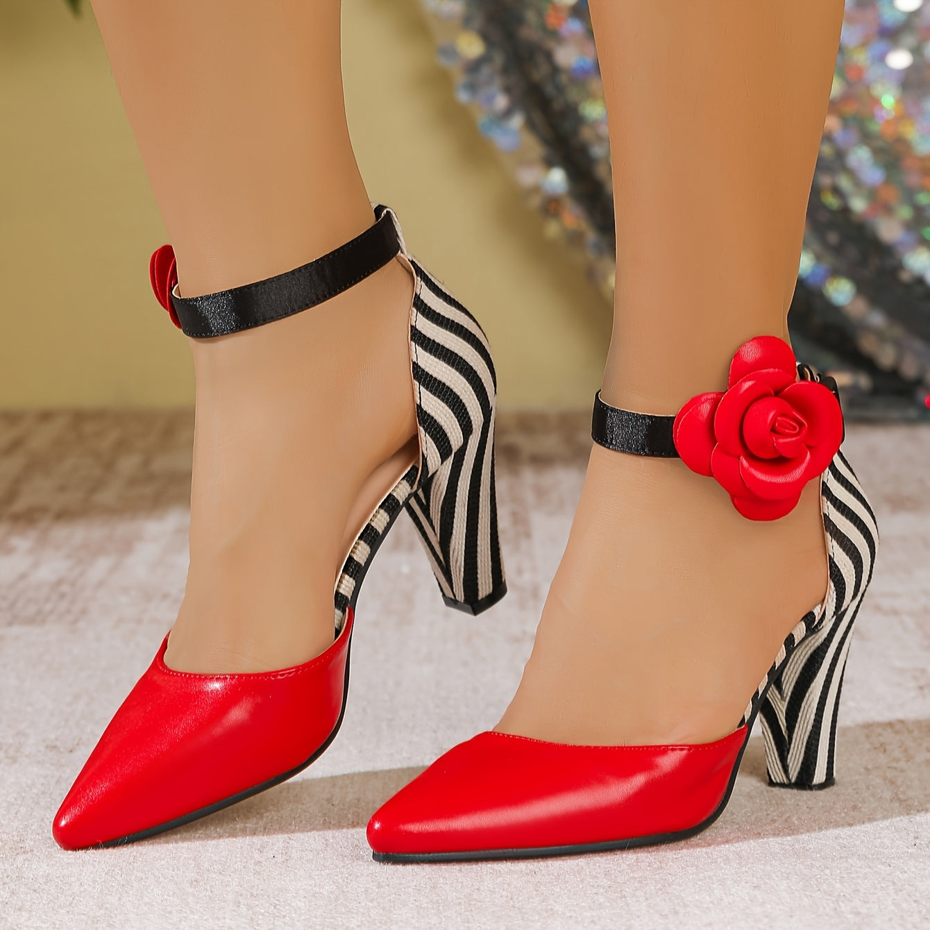 SHOWLU FASHION Women's pointed-toe block heel pumps with red flower detail, stylish footwear for elegant occasions.