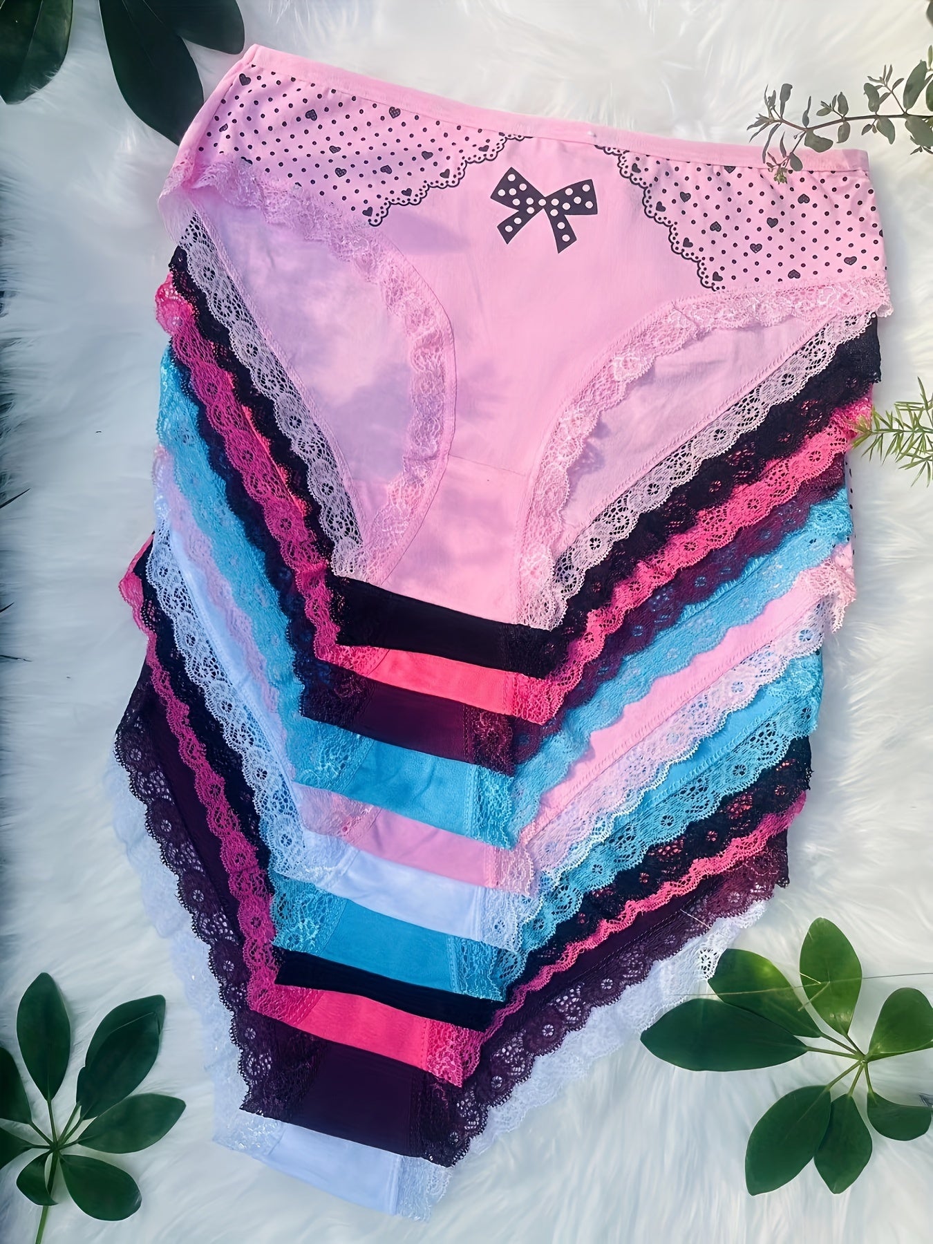 Showlu Fashion Plus Size cotton lace briefs with red heart print, featuring comfortable waistband and floral lace detailing.