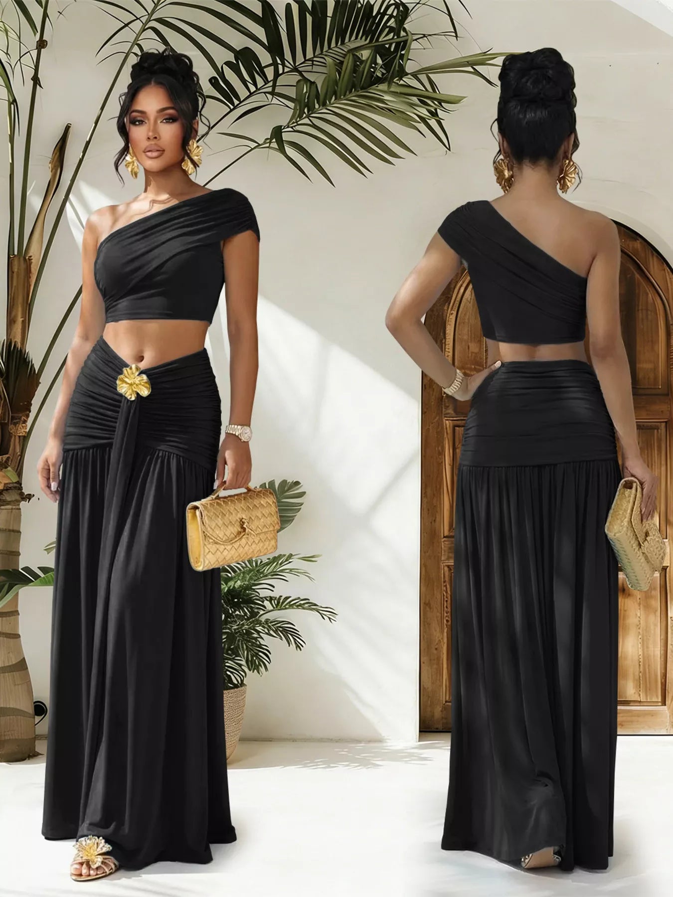 Trendsi one-shoulder top and ruched maxi skirt set featuring a stylish, coordinated ensemble in a soft fabric.