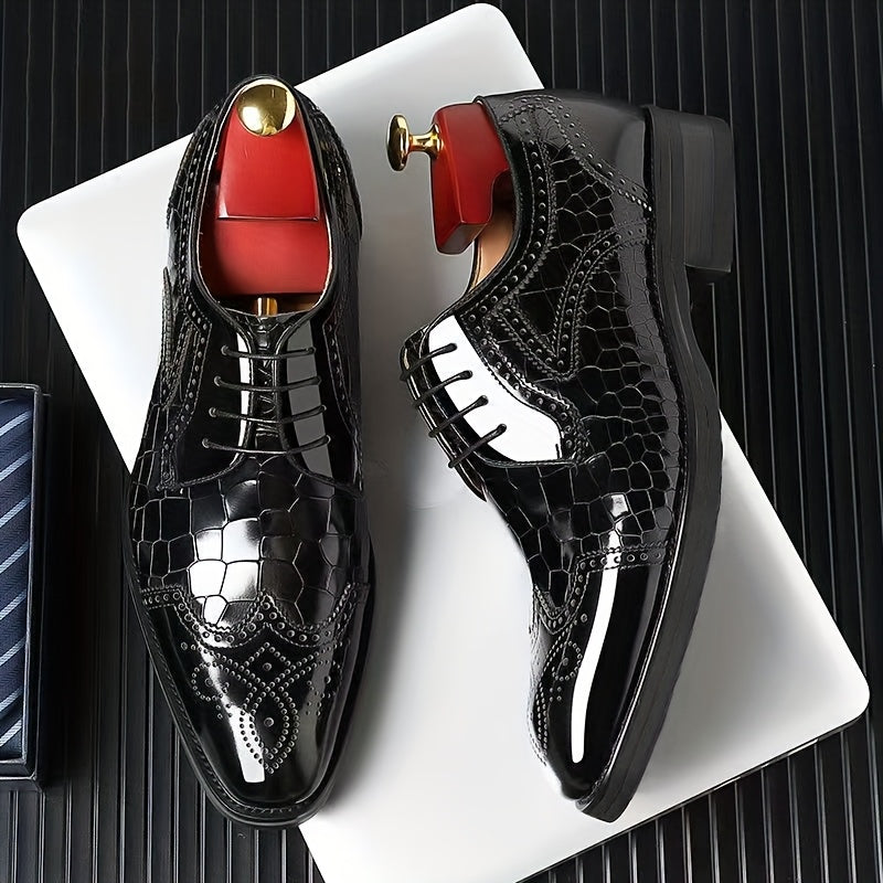 SHOWLU FASHION men's red wingtip brogue oxfords with square toe, stylish dress shoes featuring classic brogue detailing.