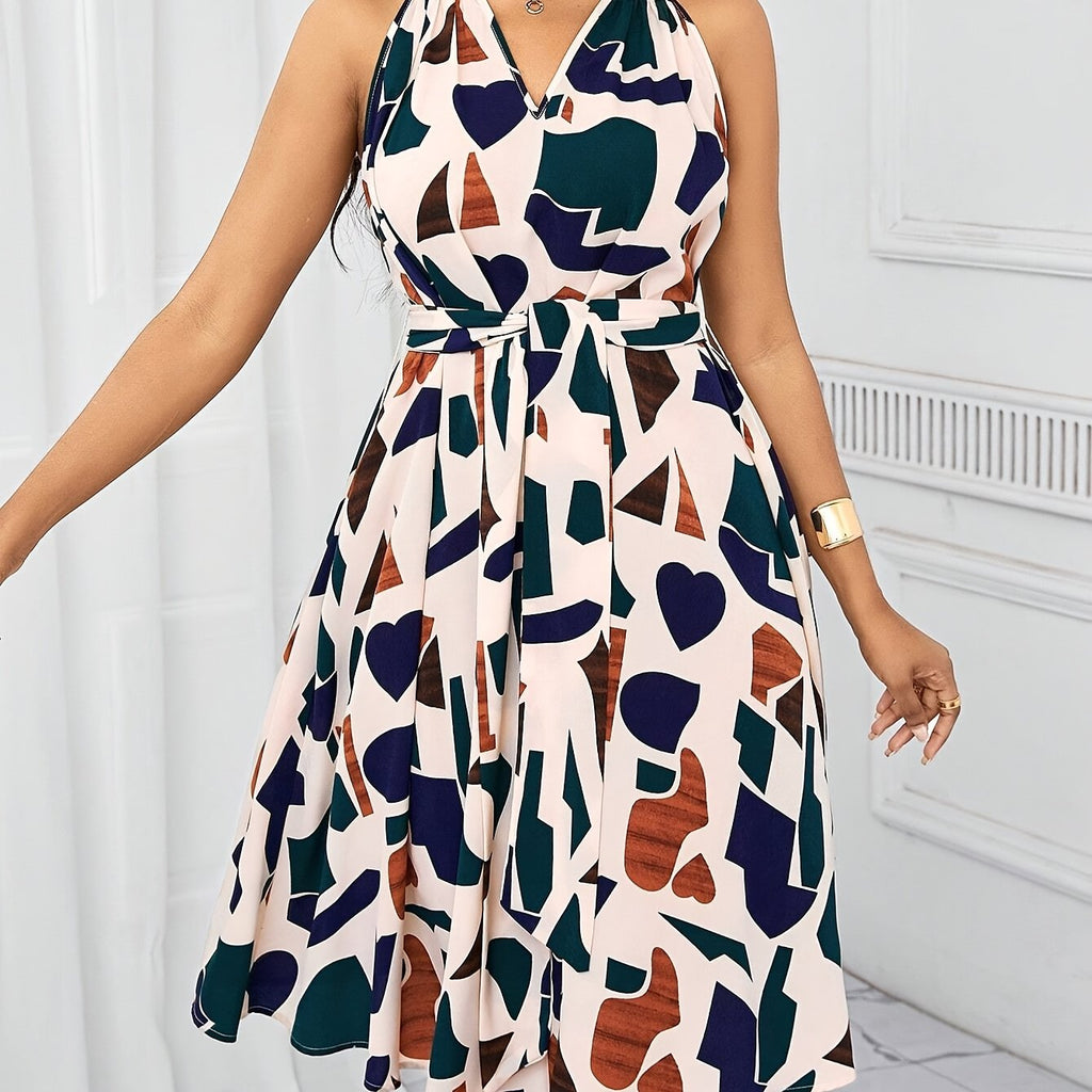 Women's geometric print V-neck A-line dress with bow waist tie by SHOWLU FASHION STORE, stylish and comfortable for casual wear.