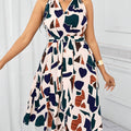 Women's geometric print V-neck A-line dress with bow waist tie by SHOWLU FASHION STORE, stylish and comfortable for casual wear.