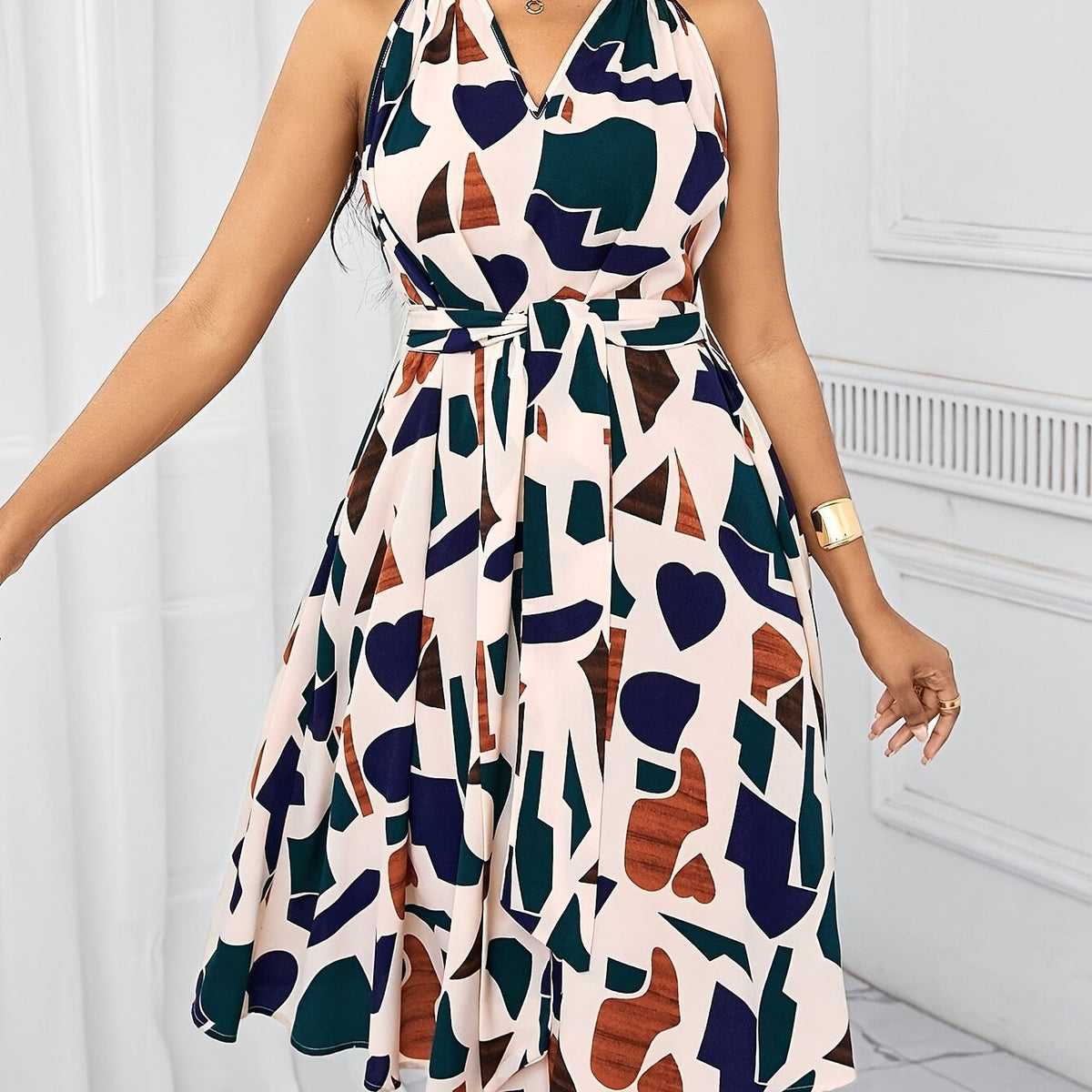 Women's geometric print V-neck A-line dress with bow waist tie by SHOWLU FASHION STORE, stylish and comfortable for casual wear.