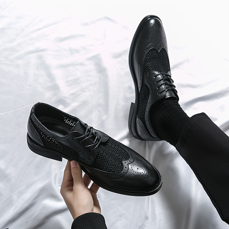 Showlu Men's hollow-out business shoes with pointed toe and breathable design, stylish footwear for professional or formal wear.