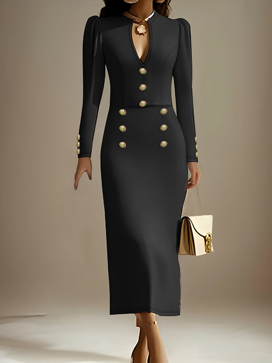 Graceful Special Solid Color Fashion Button-Decorated Dress for Commuting, Outings, and Gatherings LL425 (No Belt)