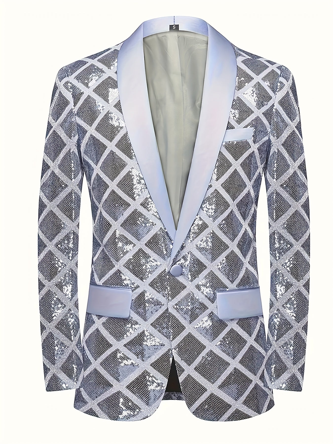 Men's Sequin-Embellished Blazer - Notched Lapel Party Jacket, Structured H-Fit Formal Coat for Weddings, Stage Performances, Events - Year-Round Evening Attire with Button Front Closure, Wedding Guest Attire, Notch Lapel Desi