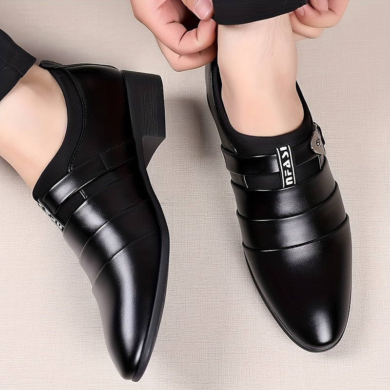 SHOWLU Men's formal shoes with pointed toes and solid PU leather, stylish business footwear suitable for professional attire.