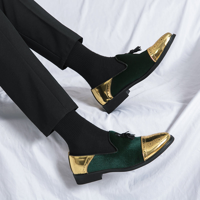 Showlu men's green and golden brogue loafers, slip-on formal dress shoes with detailed stitching and stylish design.