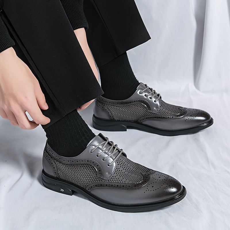 Showlu Men's hollow-out business shoes with pointed toe, breathable design, black leather, stylish formal footwear.