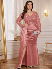 P54412A Elegant Plus Size Sequin Lace Bridesmaid Gown, V-Neck Long Sleeves, Side Slit Ruched Satin Mermaid Hem, Perfect For Formal Events, Weddings, Parties