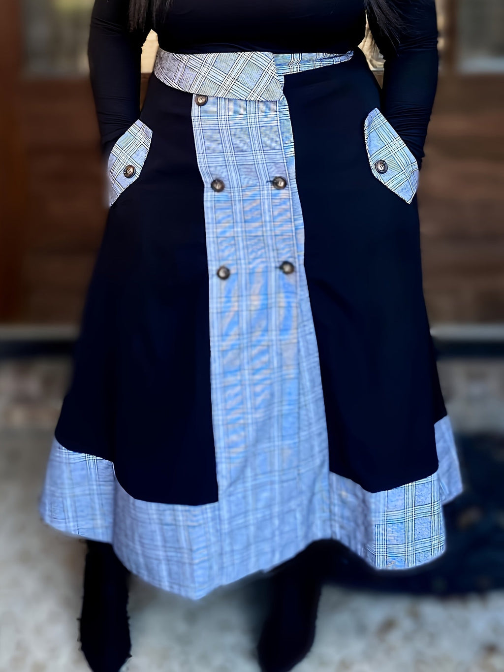 SHOWLU FASHION STORE plaid combo button skirt featuring an elegant knit design in polyester fabric.
