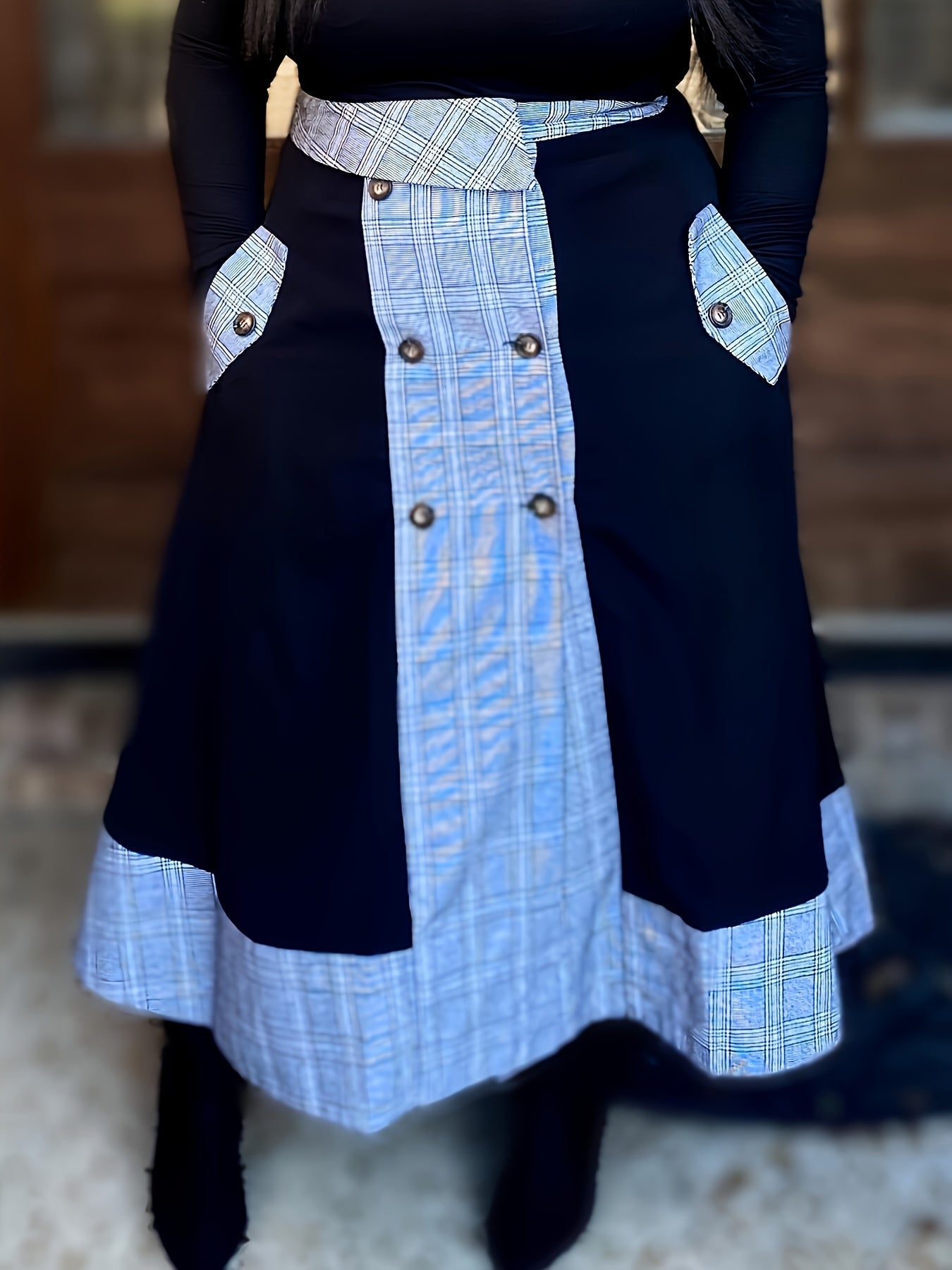 SHOWLU FASHION STORE plaid combo button skirt featuring an elegant knit design in polyester fabric.