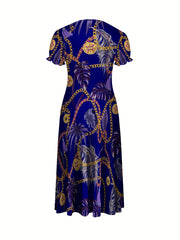Women's Tropical Chain Print A-Line Dress - Vibrant Blue & Golden Palm Leaf Design, Round Neck Short Sleeve, Flared Hem, Medium Stretch, Hand Wash Only for Resort Wear & Casual Outings, Tropical Dress