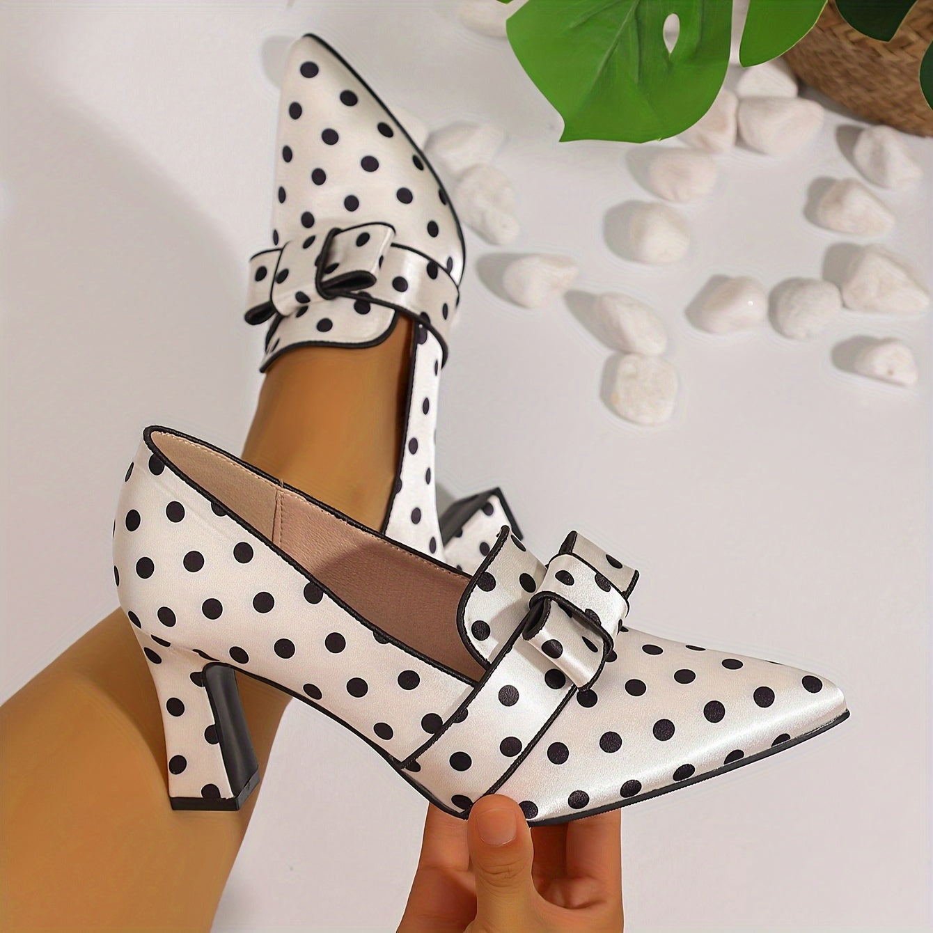 SHOWLU FASHION polka dot bowknot pumps with pointed toe and block high heels, stylish women's footwear.
