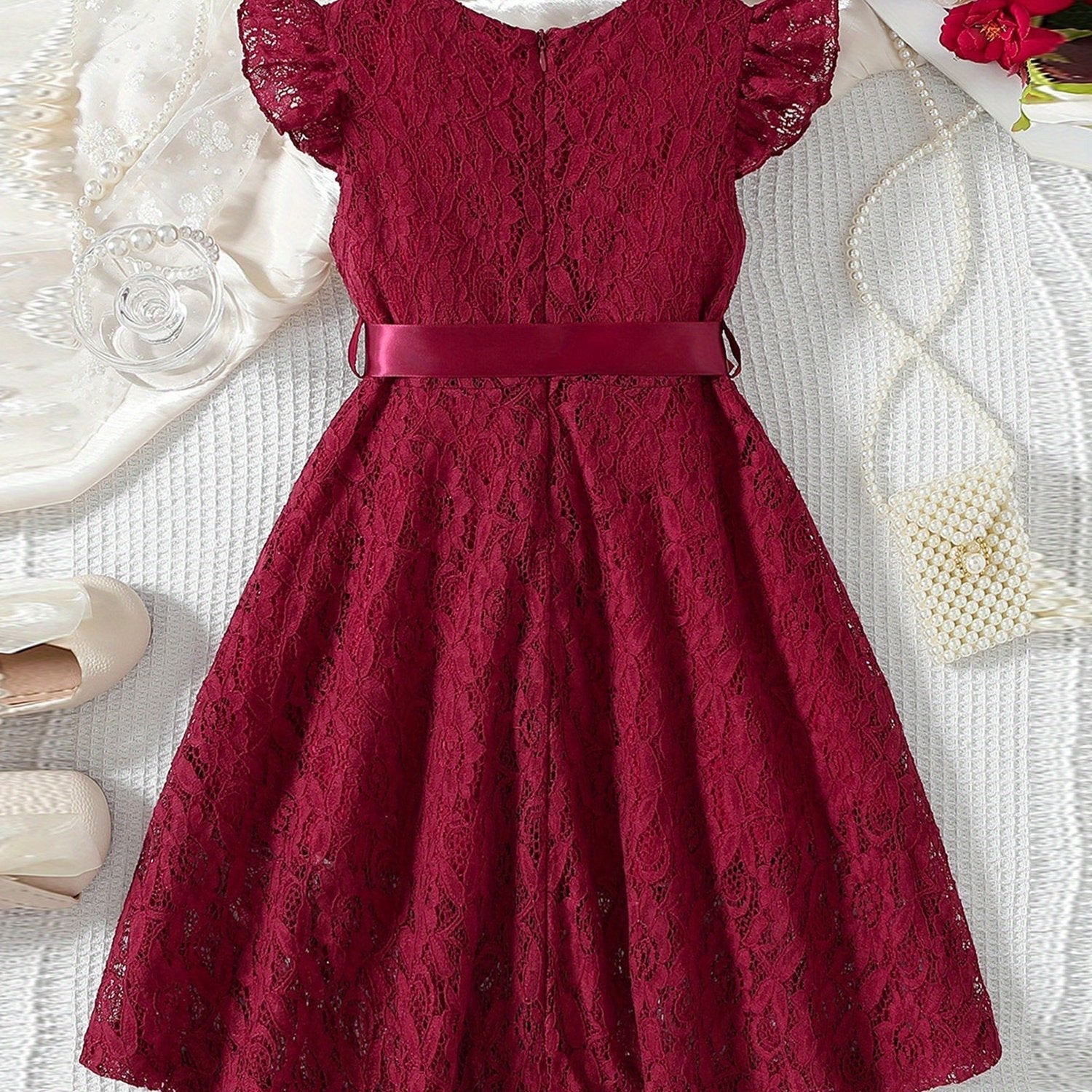 SHOWLU girls' lace fly sleeve summer dress with belt, solid color woven design, perfect for warm-weather wear.