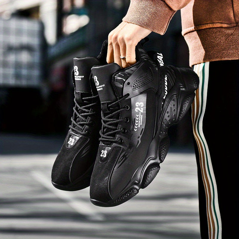 SHOWLU Men's mid-top running shoes with lightweight PU leather upper and sporty design for walking and casual wear.