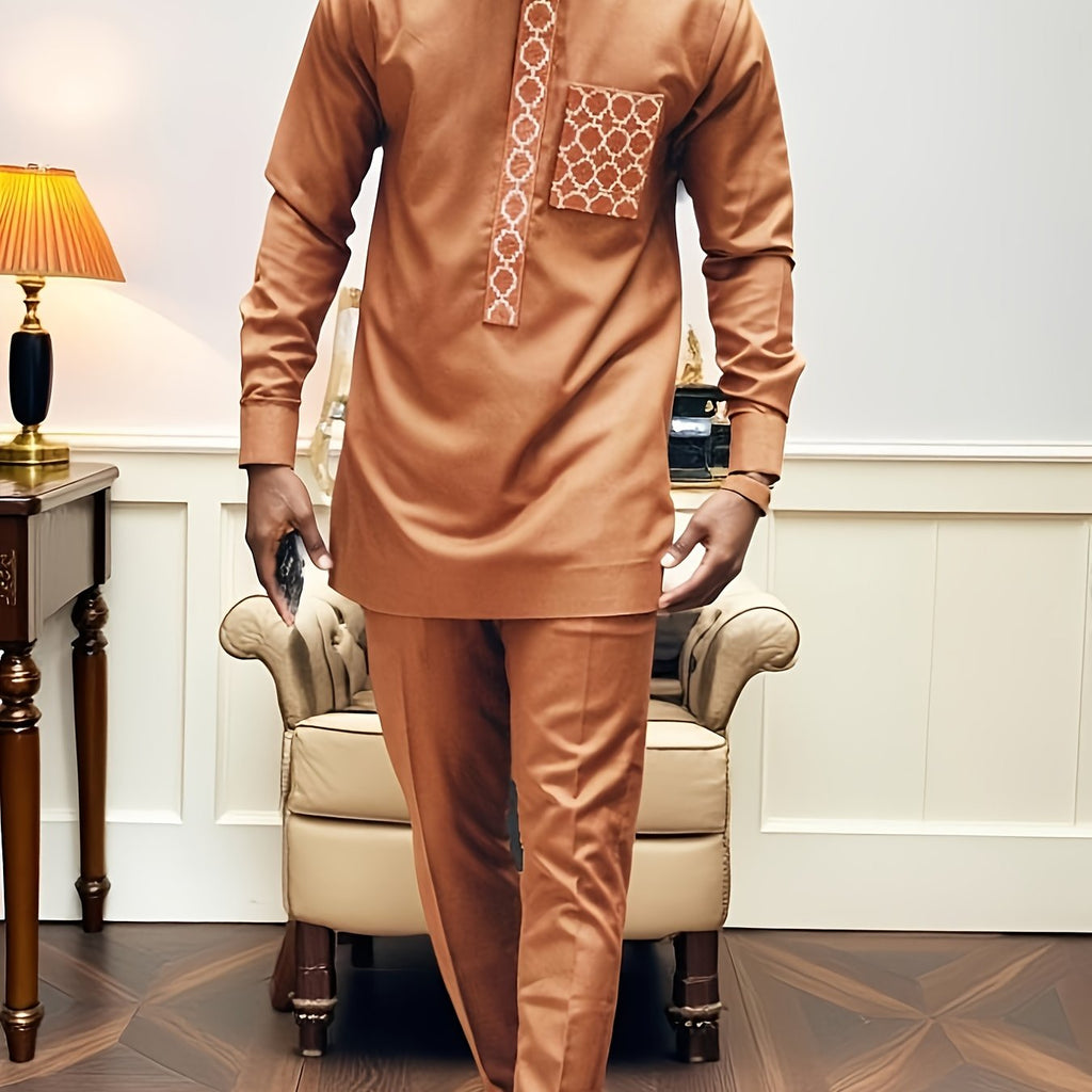 SHOWLU men's African Dashiki set with embroidered long sleeve top and matching pants, vibrant traditional African clothing.