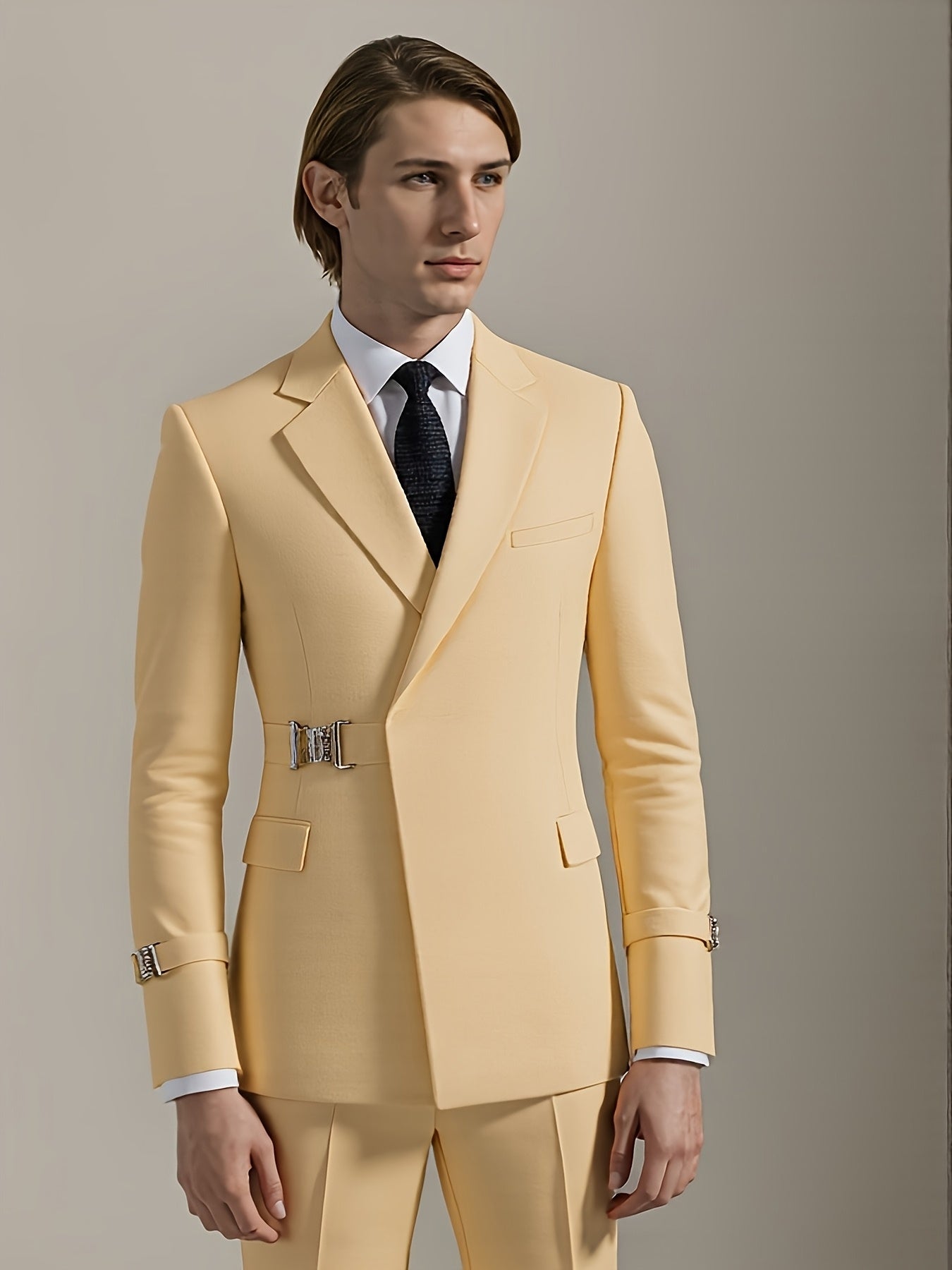 SHOWLU Men's slim fit 2-piece solid color wedding tuxedo suit, featuring jacket and matching trousers, tailored for formal occasions.