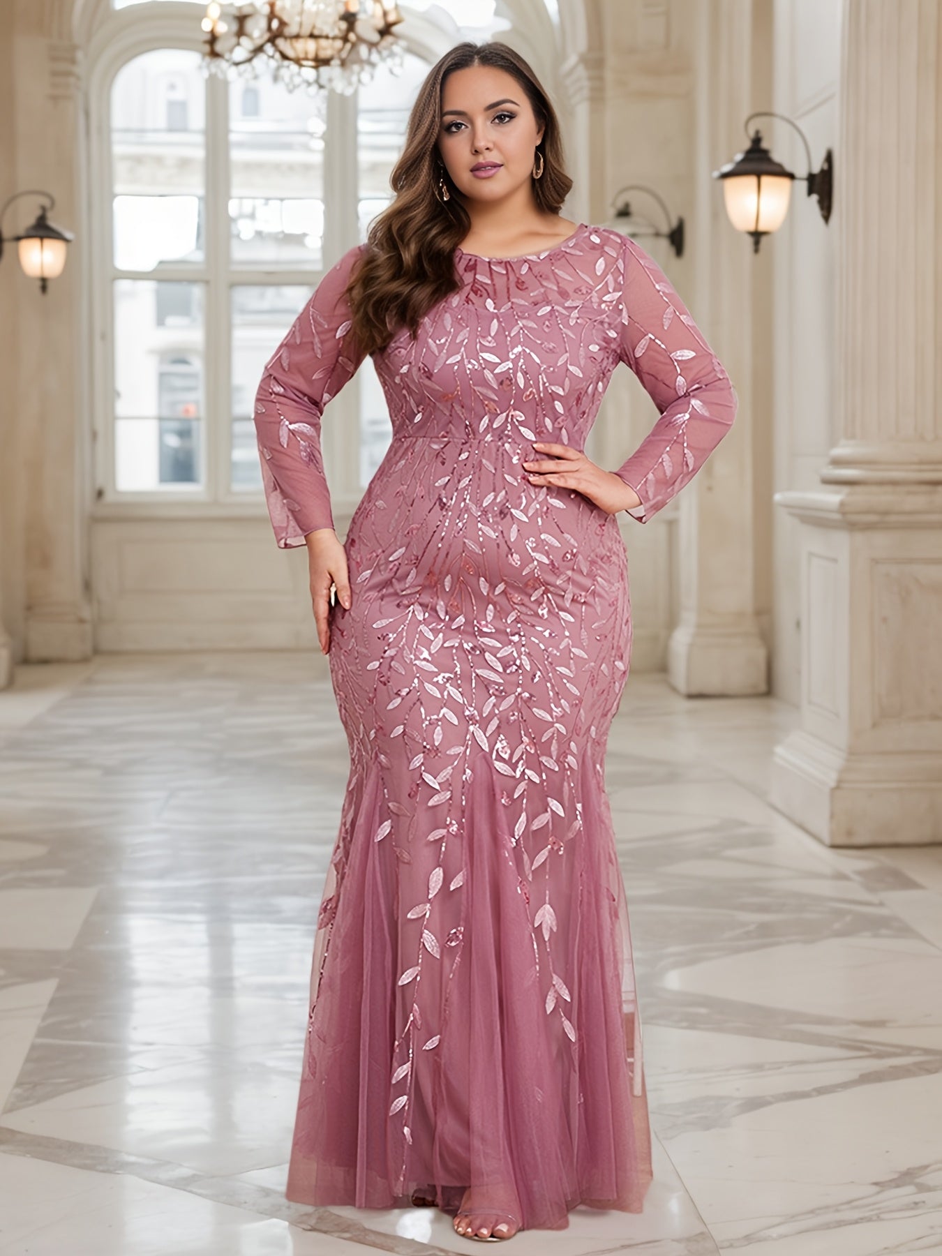 Plus size floral sequin mermaid dress with shawl from Showlu Fashion, featuring shimmering floral sequins and elegant styling.
