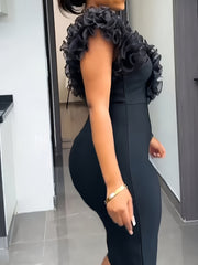 Plus Size - Elegant Black Bodycon Dress with Ruffled Sleeves and Lace Detail - Sleeveless V-Neck, Stretchy Fabric, Perfect for All Seasons, Allseason Dress | Ruffled Sleeve Dress | Lace Detailing, Plus Size Dress