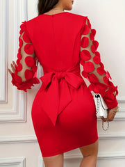 Women's Elegant Red Bodycon Dress with Back Bow Detail & Mesh Sleeves - Square Neck Short Sleeve, Machine Washable, All-Season Versatile for Casual to Formal Occasions, Formal Attire, Casual Wear, Nontransparent Fabric, Eveni