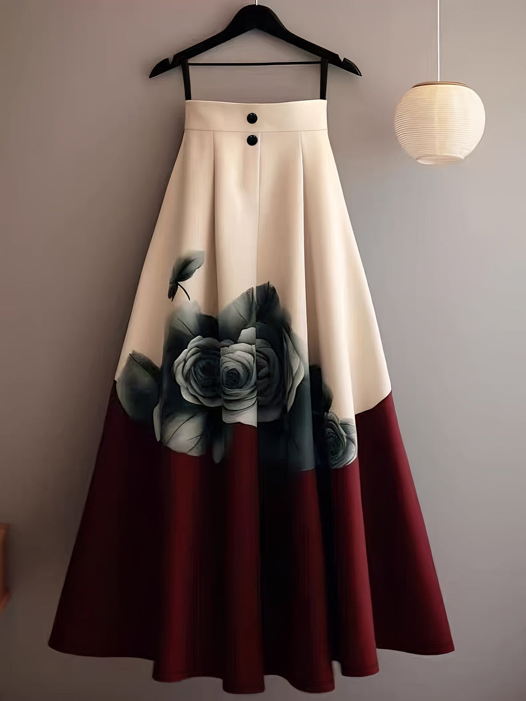 Beige and red floral print midi skirt by SHOWLU FASHION with A-line cut and rose pattern, displayed on a hanger.