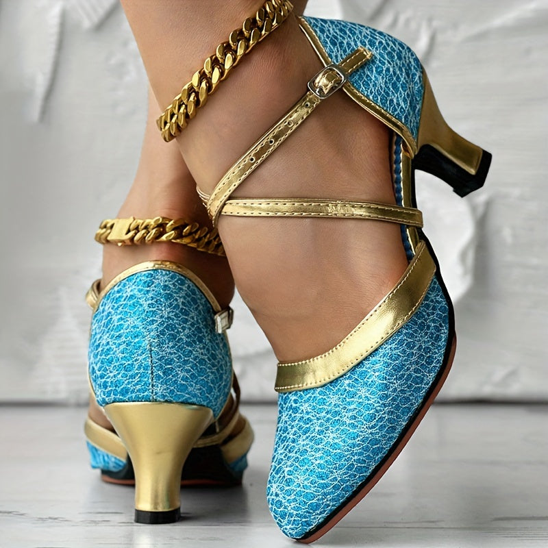 SHOWLU Women's Glitter Latin dance shoes with chunky mid heel and D'Orsay pump design, ideal for Latin dance performances.