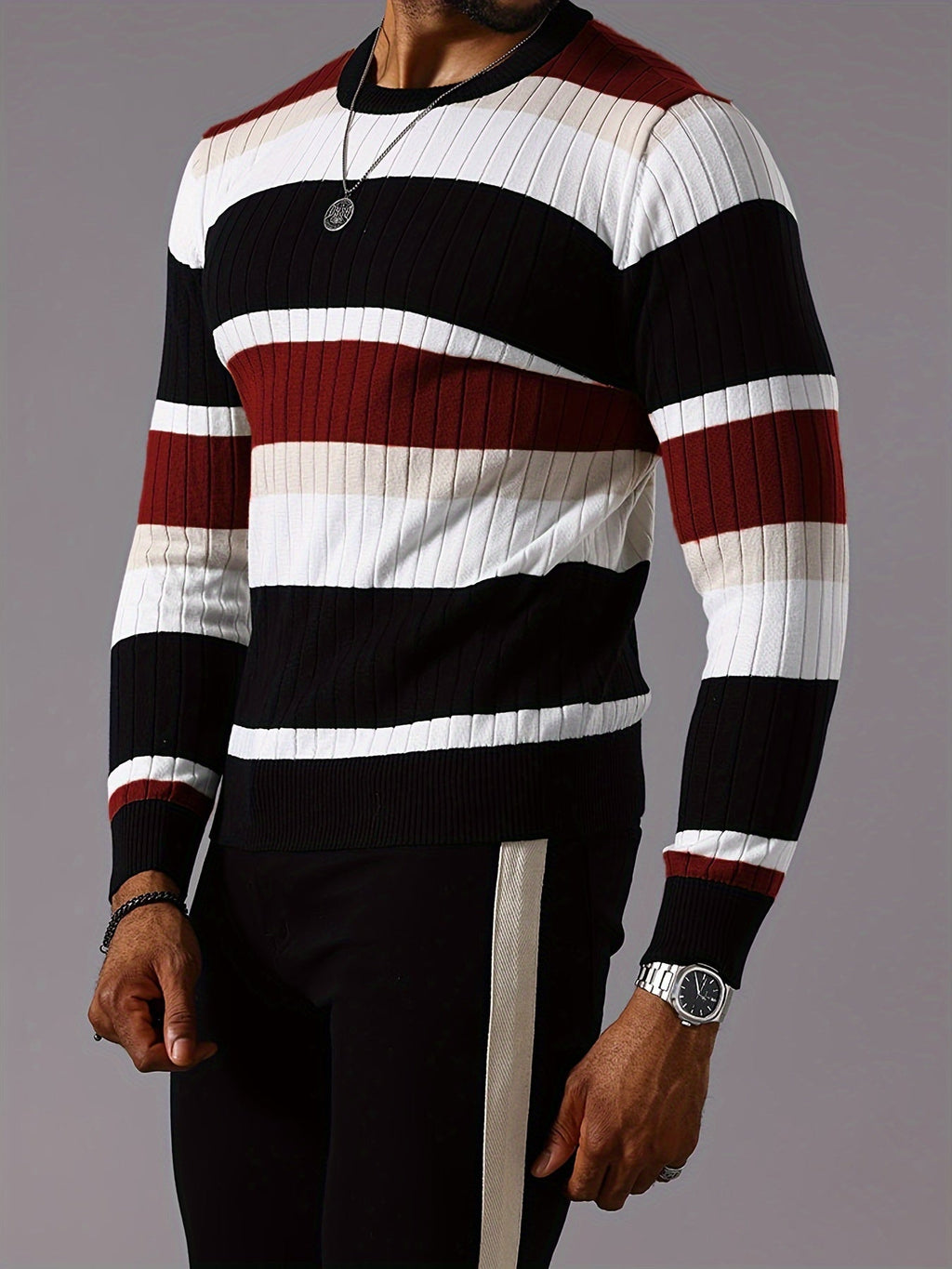 SHOWLU Men's striped ribbed knit sweater with long sleeves and crew neck, showcasing a cozy, fitted pullover in a stylish striped pattern.
