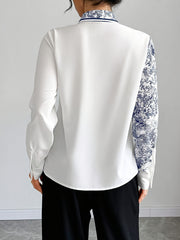 Women's Elegant Blouse - Semi-Sheer Buttoned-up Shirt with Floral bow tie, White & Navy Blue Floral Print, Long Sleeve Office Party Top for Women, Sophisticated Attire, Classic Collared Design, Detailed Print Design