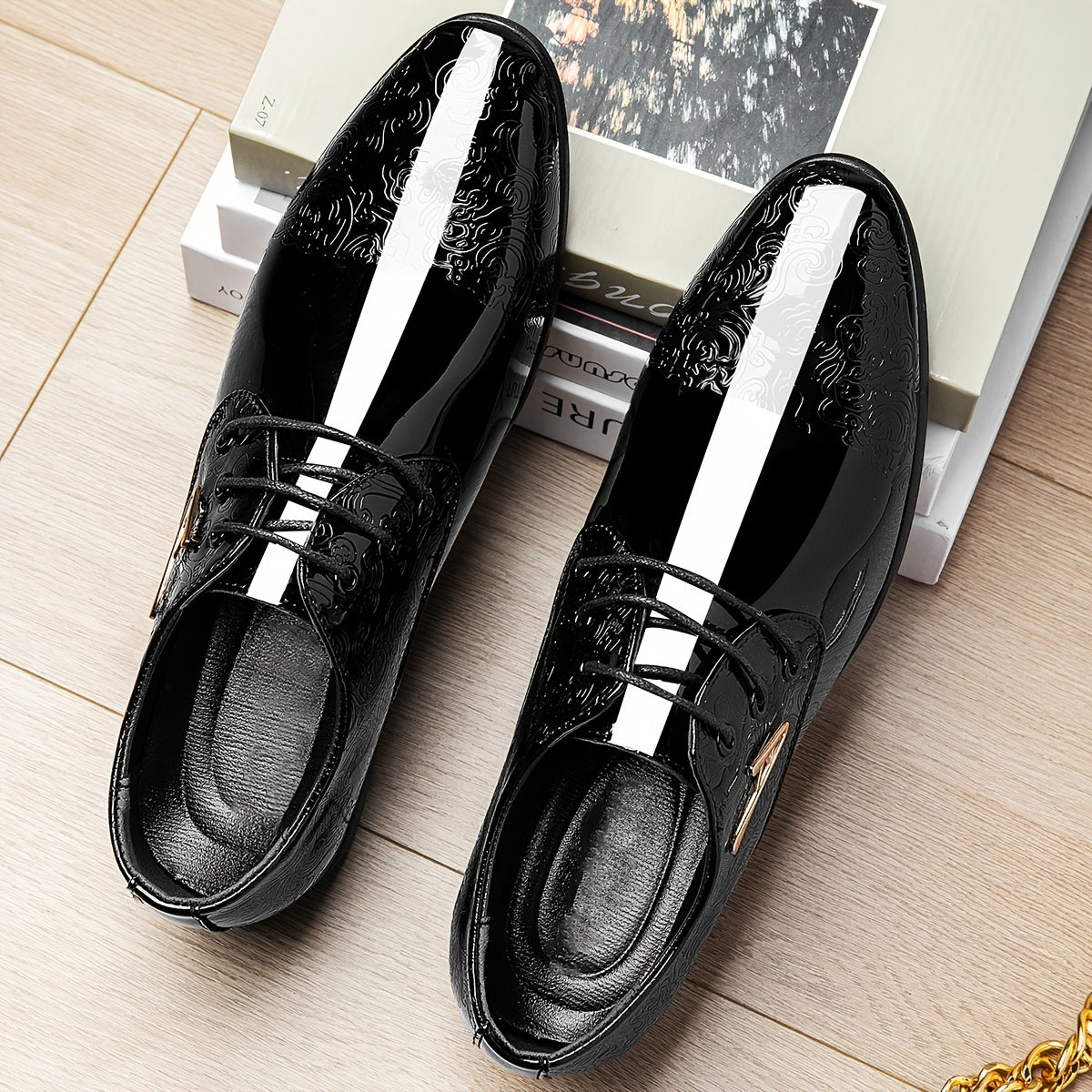 SHOWLU Men's Oxford dress shoes with pointed toe, geometric microfiber design, stylish and formal footwear for men